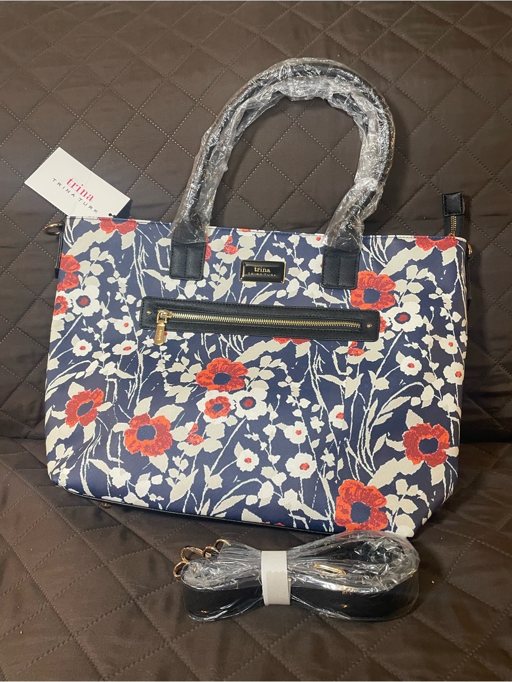 Trina Turk Floral Navy Tote with Red Accents